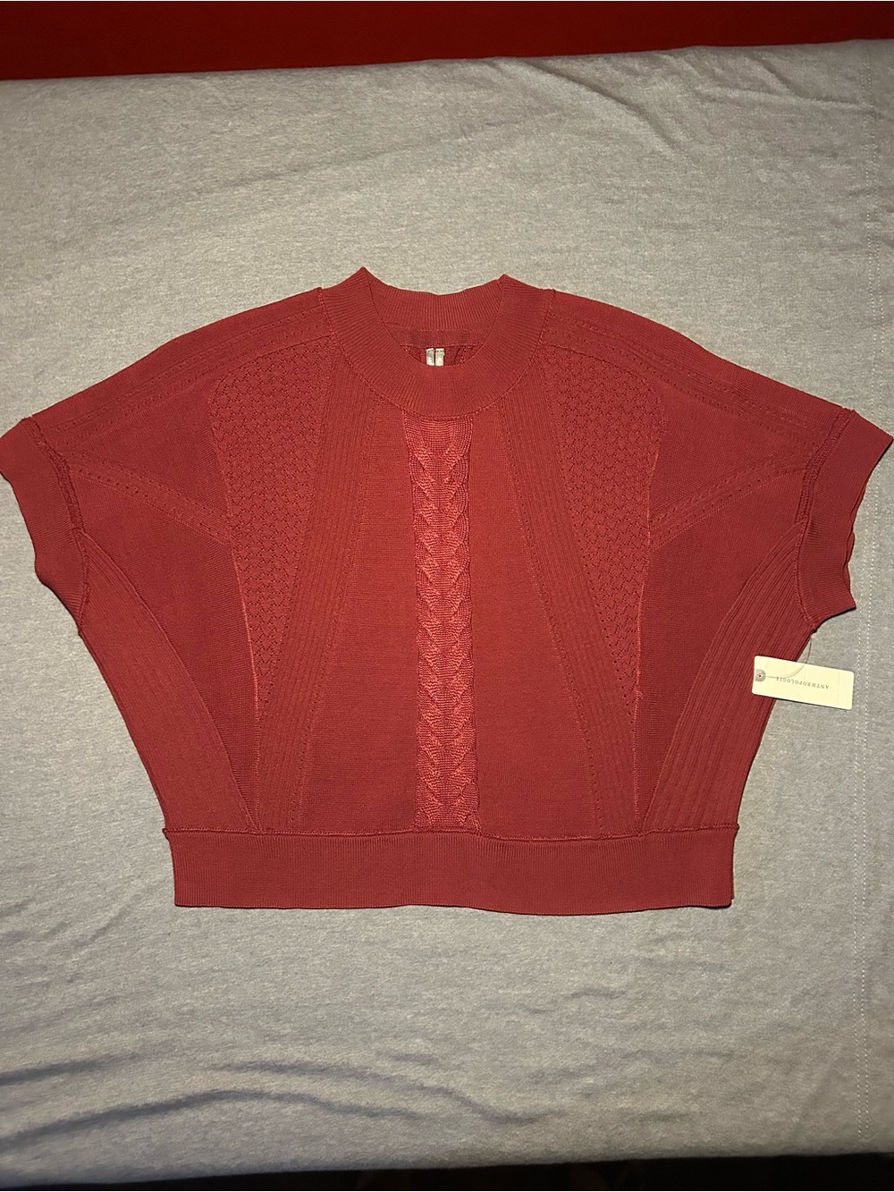 Anthropologie Brick Red Cropped Cable Knit Short-Sleeve Sweater